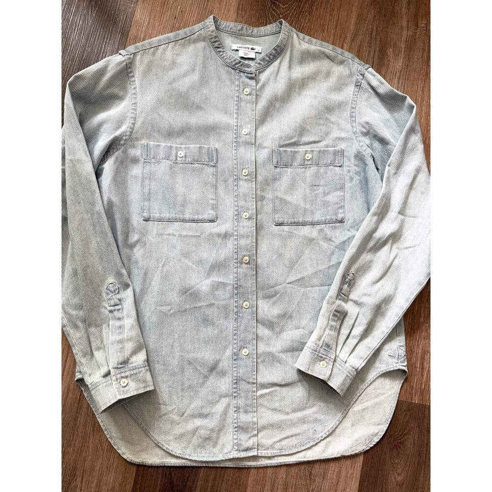 Lacoste button down shirt women top mandarin collar light blue striped  size 40